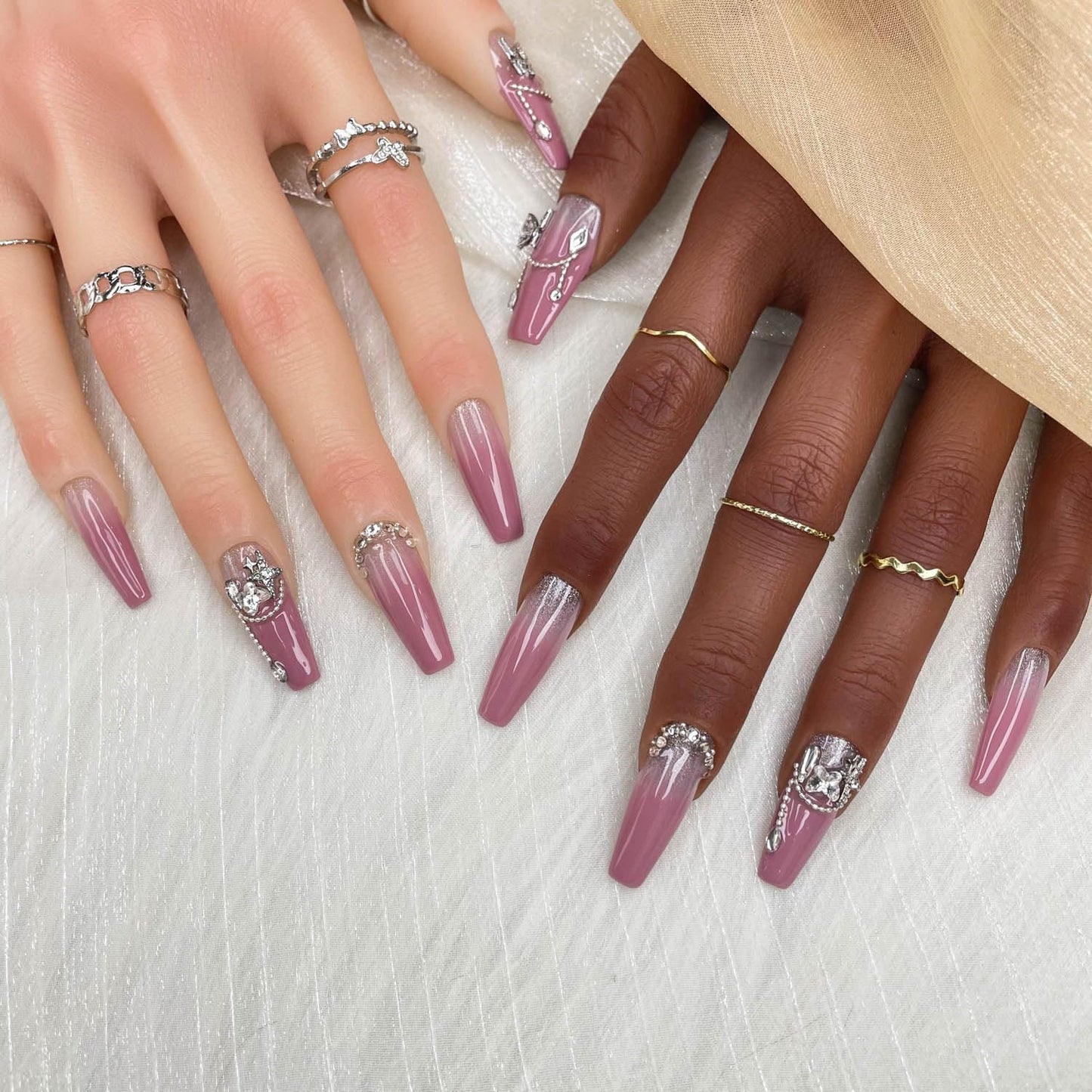 GGDDSHA Unhas Postiças Artesanais, Unhas Postiças de Luxo e Personalizadas 3D Artesanais Reutilizáveis com Acabamento UV, Unhas Pintadas à Mão, Brilho Lavanda