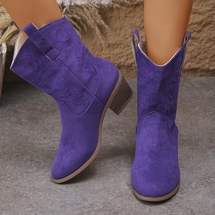 Bota Western Bico Fino Retrô Bordada Salto Bloco Quadrado Cano Médio para Mulheres