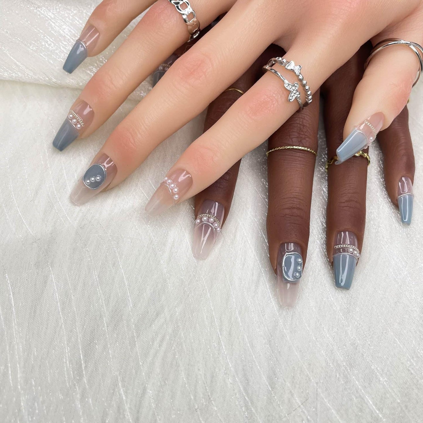 GGDDSHA Unhas Postiças Curtas, Não Desbotam, Sem Costura, Gel Macio, Unhas Postiças, Amuletos para Mulheres, Manicure de Unhas Artísticas Feitas à Mão, Gradiente, Essência Azul