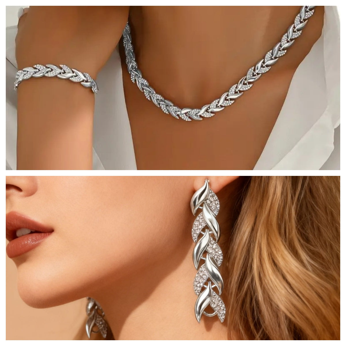 Conjunto de Colar e Pulseira Folha de Vidro 2 Peças Elegante com Strass para Mulheres Conjunto de Joias Luxuosas da Moda