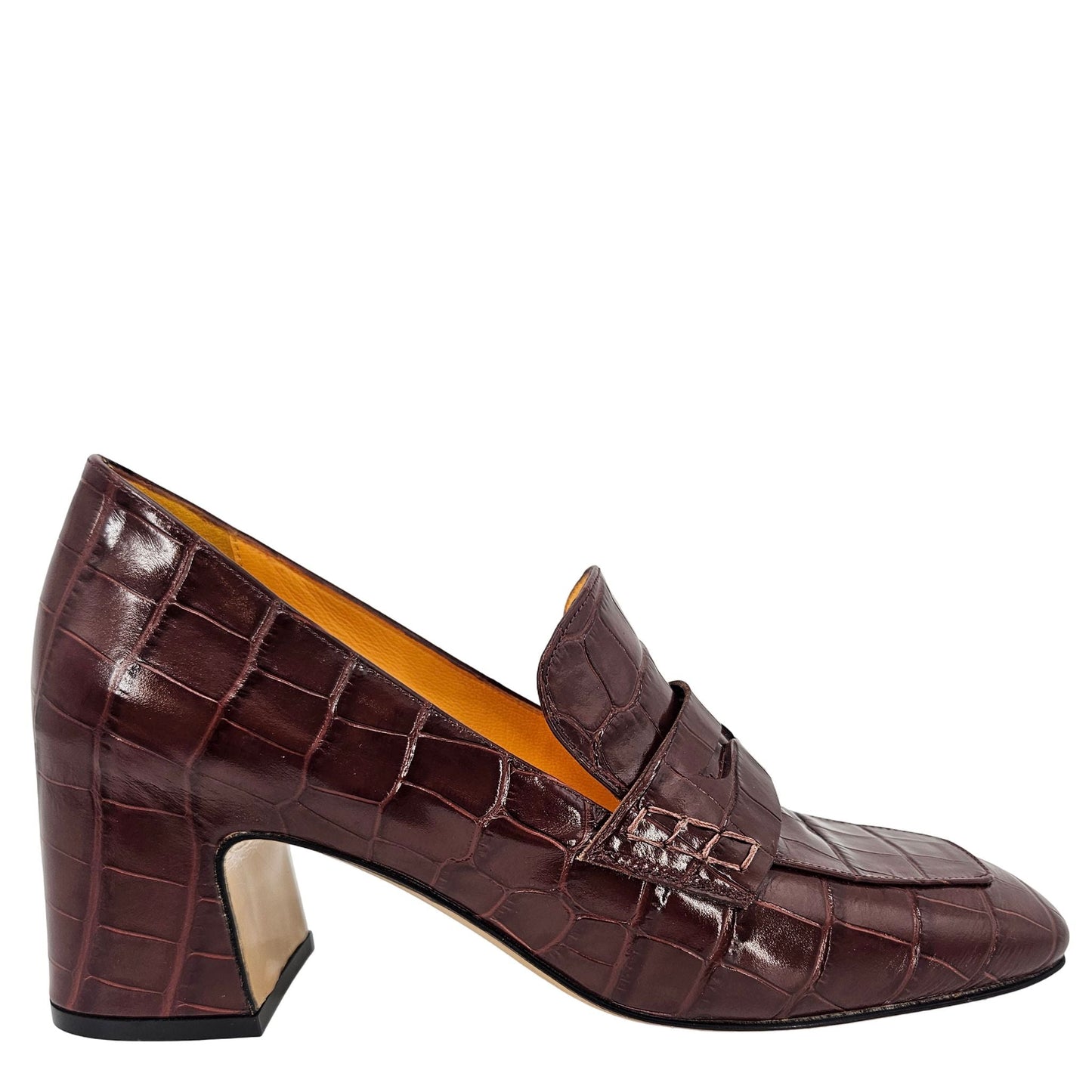 Mocassim em Couro Croco com Salto de Couro Marrom