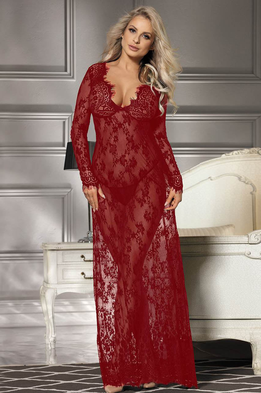 Vestido Longo de Renda com Decote V