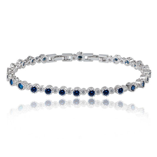 Pulseira Riviera de Safira e Diamante Branco com Zircônia Cúbica de Lapidação Redonda