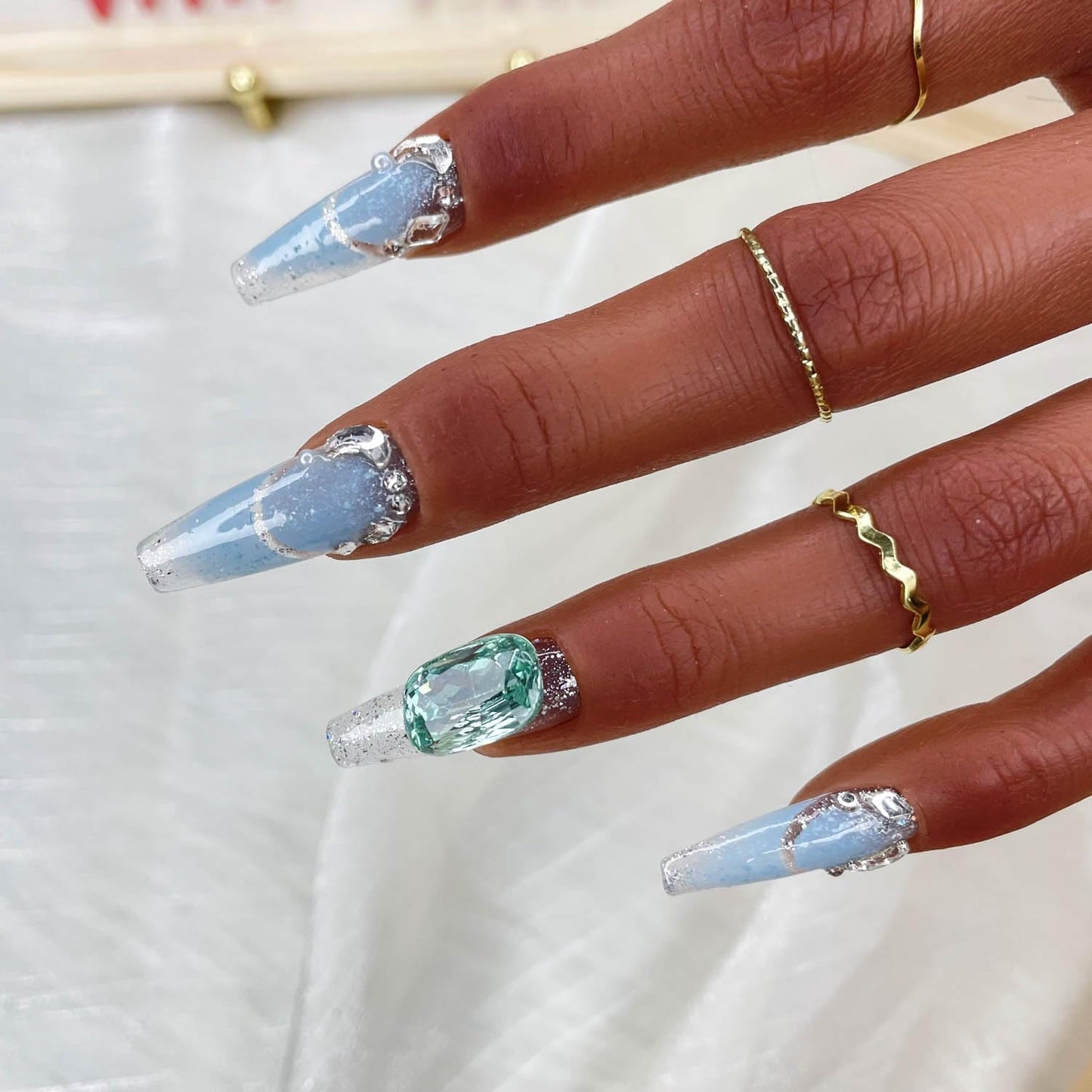 GGDDSHA Unhas Postiças Artesanais, Unhas Postiças de Luxo e Personalizadas 3D Artesanais Reutilizáveis com Acabamento UV, Unhas Pintadas à Mão, Nebulosa Brilhante