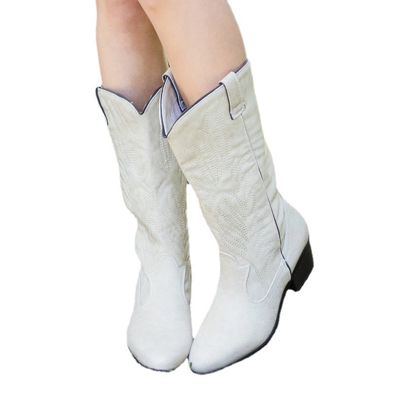 Botas Femininas Oversized Botas Western Cowboy Salto Médio Estilo Étnico Bico Quadrado
