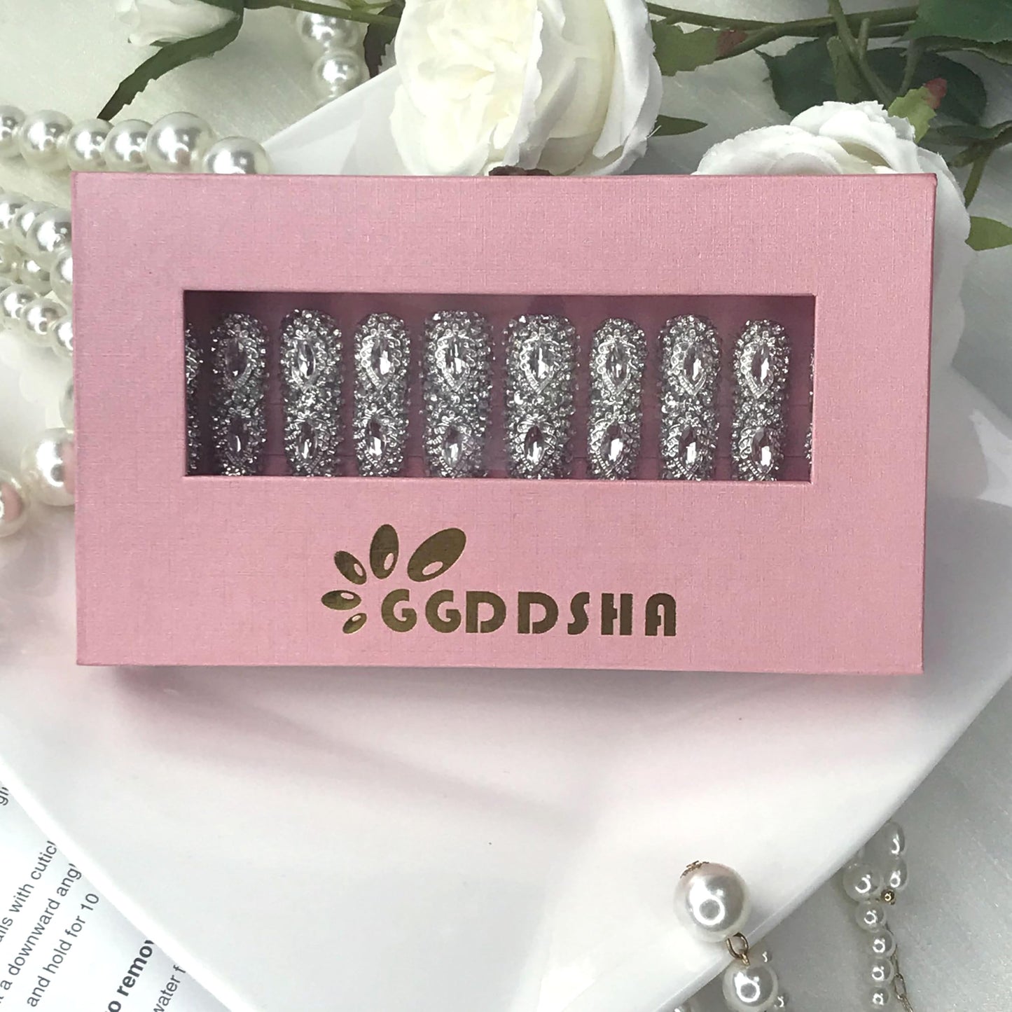 GGddsha Rainha do Estilo Elegante Unhas Longas com Strass Completos Unhas Falsas de Acrílico PMMA Artesanais Luxuosas 3D com Caixa, Presente para Mulheres, Divindade de Luxo