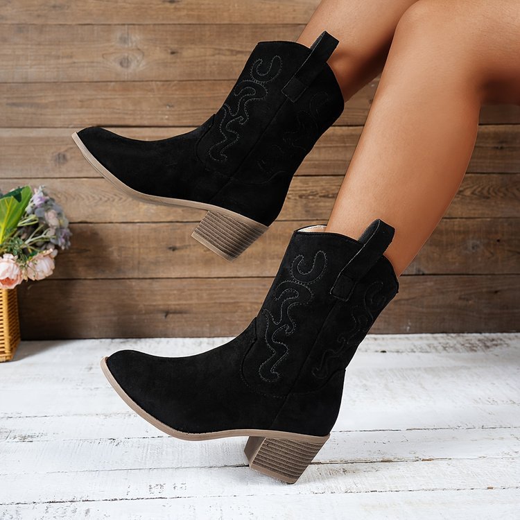 Bota Western Bico Fino Retrô Bordada Salto Bloco Quadrado Cano Médio para Mulheres