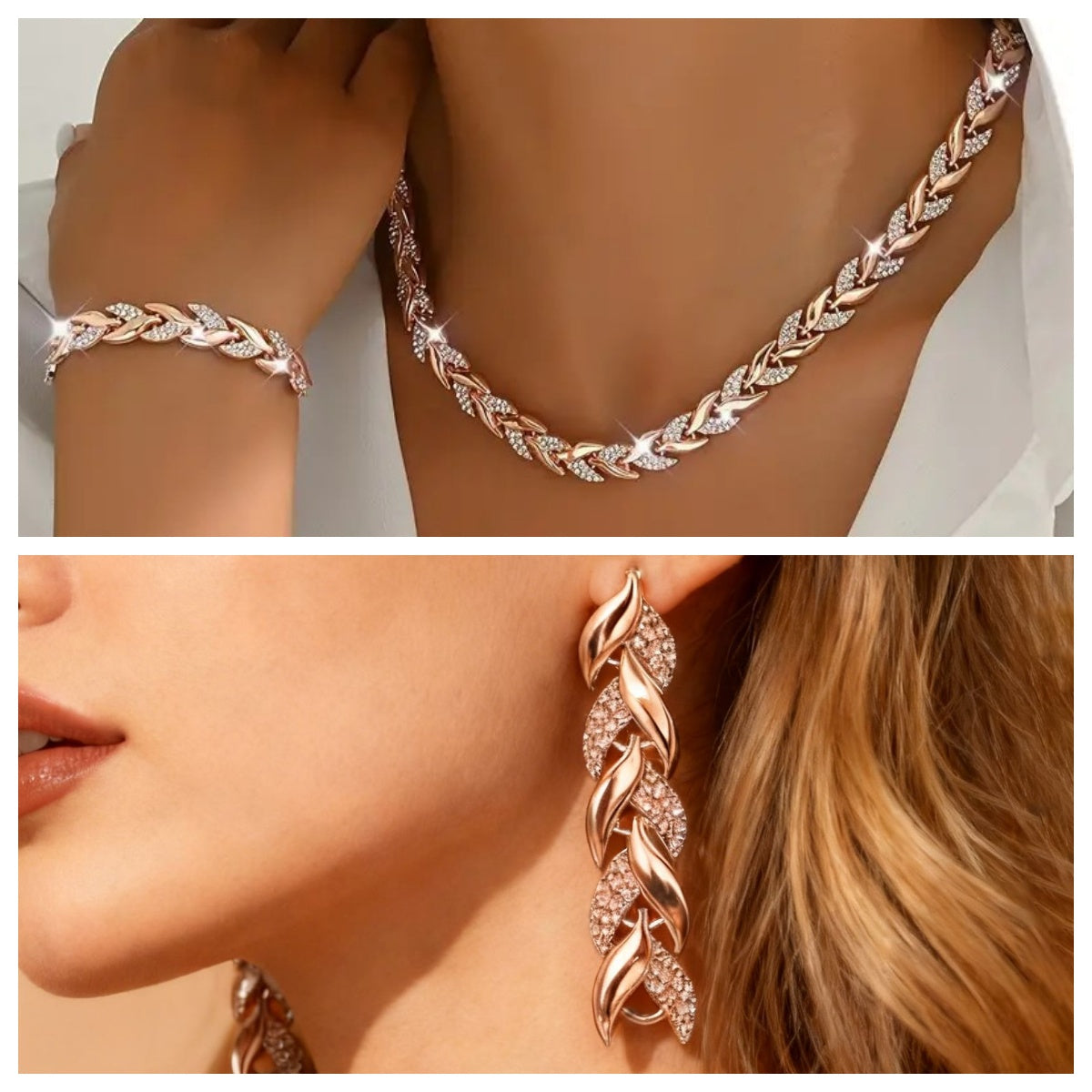 Conjunto de Colar e Pulseira Folha de Vidro 2 Peças Elegante com Strass para Mulheres Conjunto de Joias Luxuosas da Moda