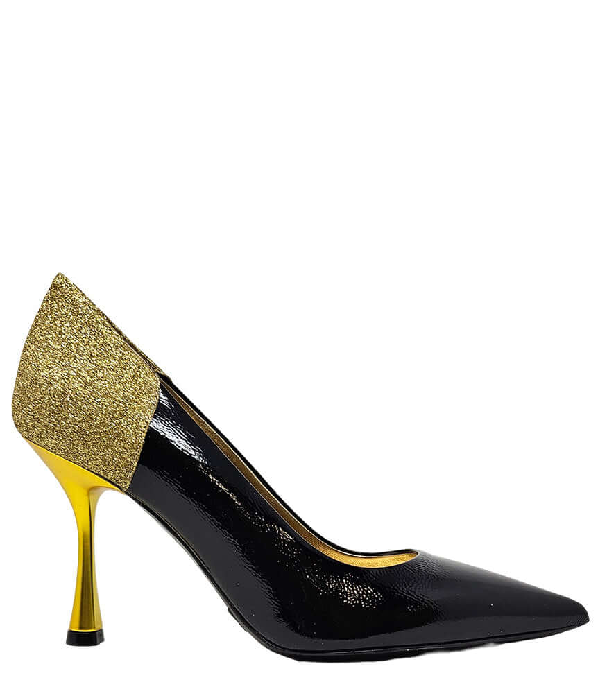 Scarpin Alena Preto/Dourado de Salto Alto com Glitter