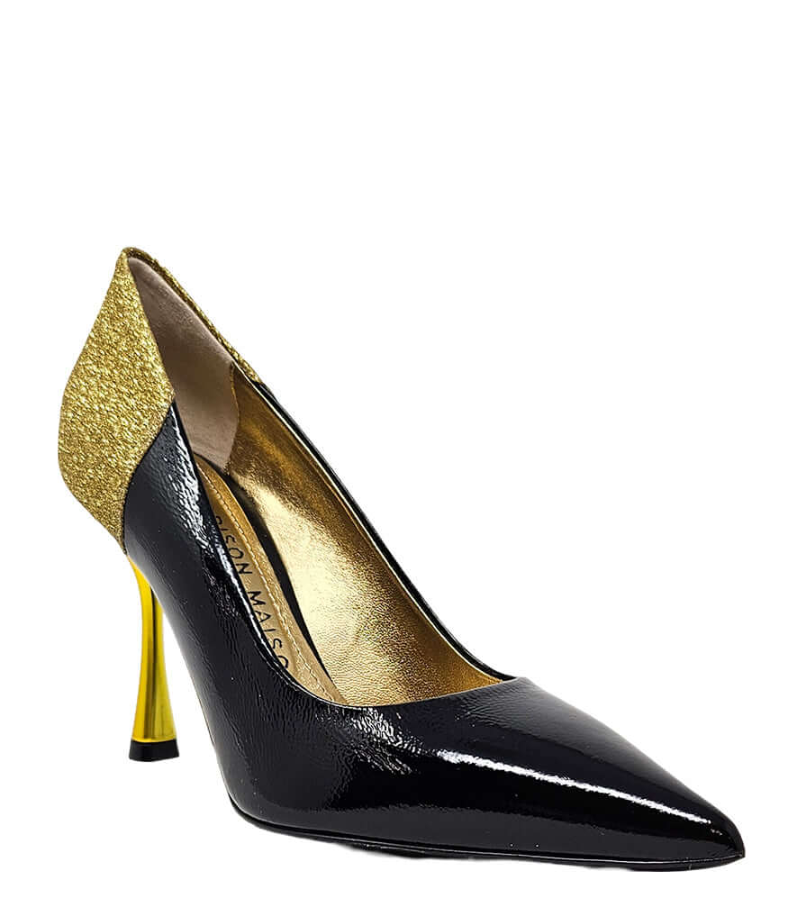 Scarpin Alena Preto/Dourado de Salto Alto com Glitter