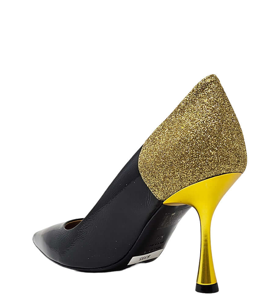 Scarpin Alena Preto/Dourado de Salto Alto com Glitter