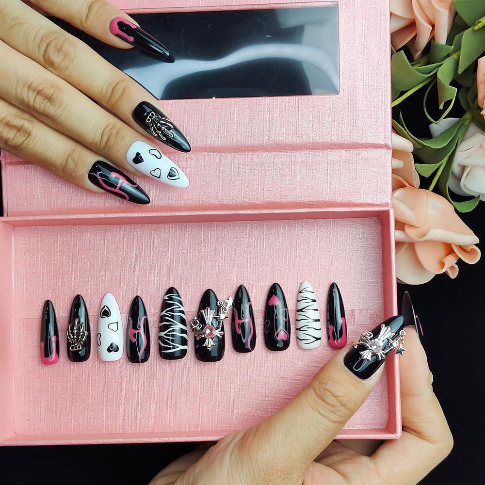 GGddsha Dark Series Unhas Postiças Artesanais de Amêndoa Média com Desenhos Pintados à Mão, Reutilizáveis, de Acrílico PMMA com Strass, com Caixa, Presente para Mulheres, Eclipse Sketch