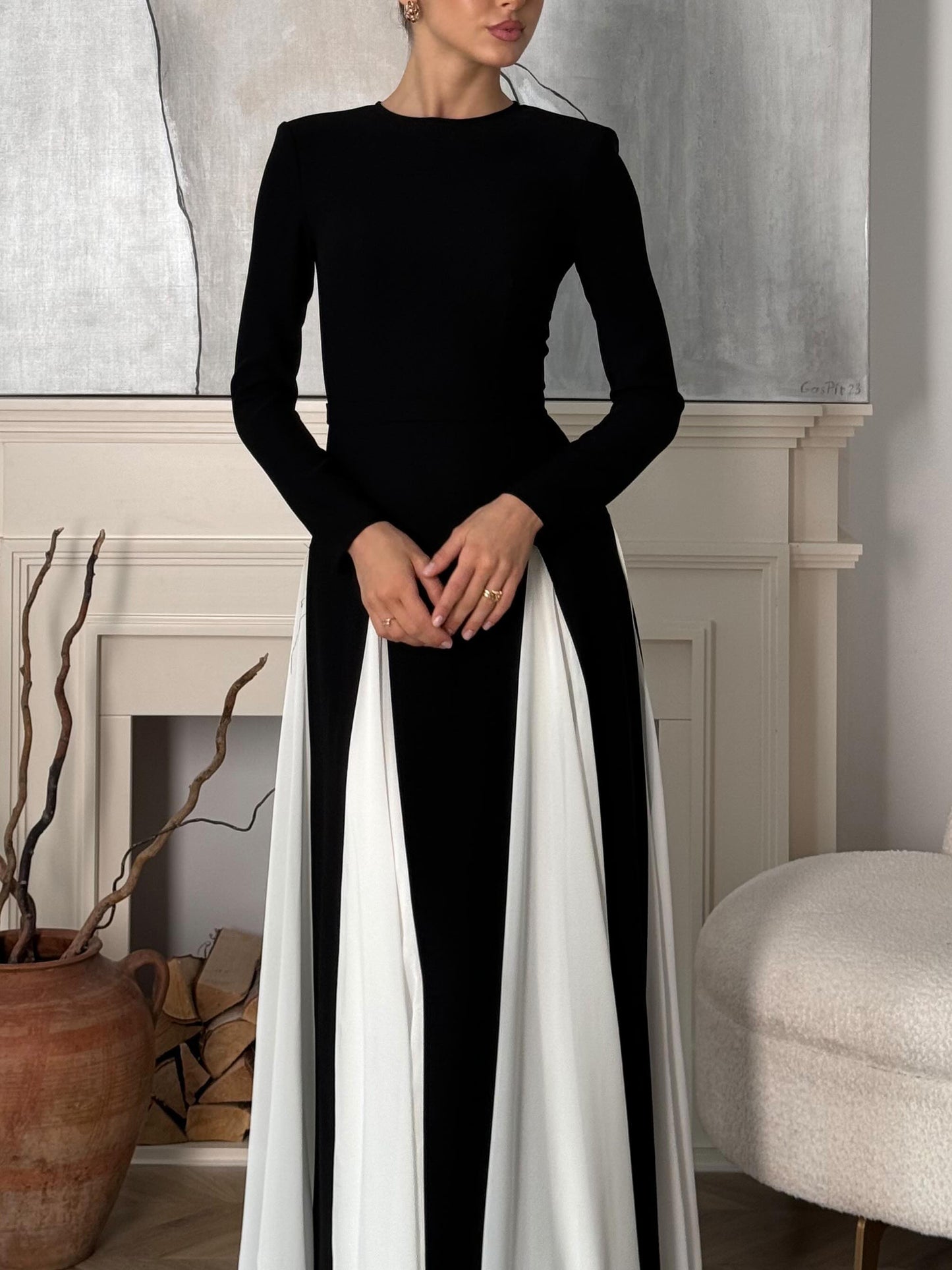 Vestido Maxi de Manga Longa com Patchwork Preto e Branco