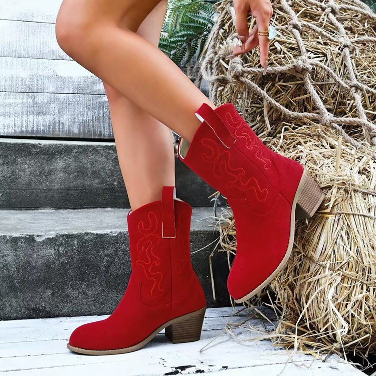 Bota Western Bico Fino Retrô Bordada Salto Bloco Quadrado Cano Médio para Mulheres