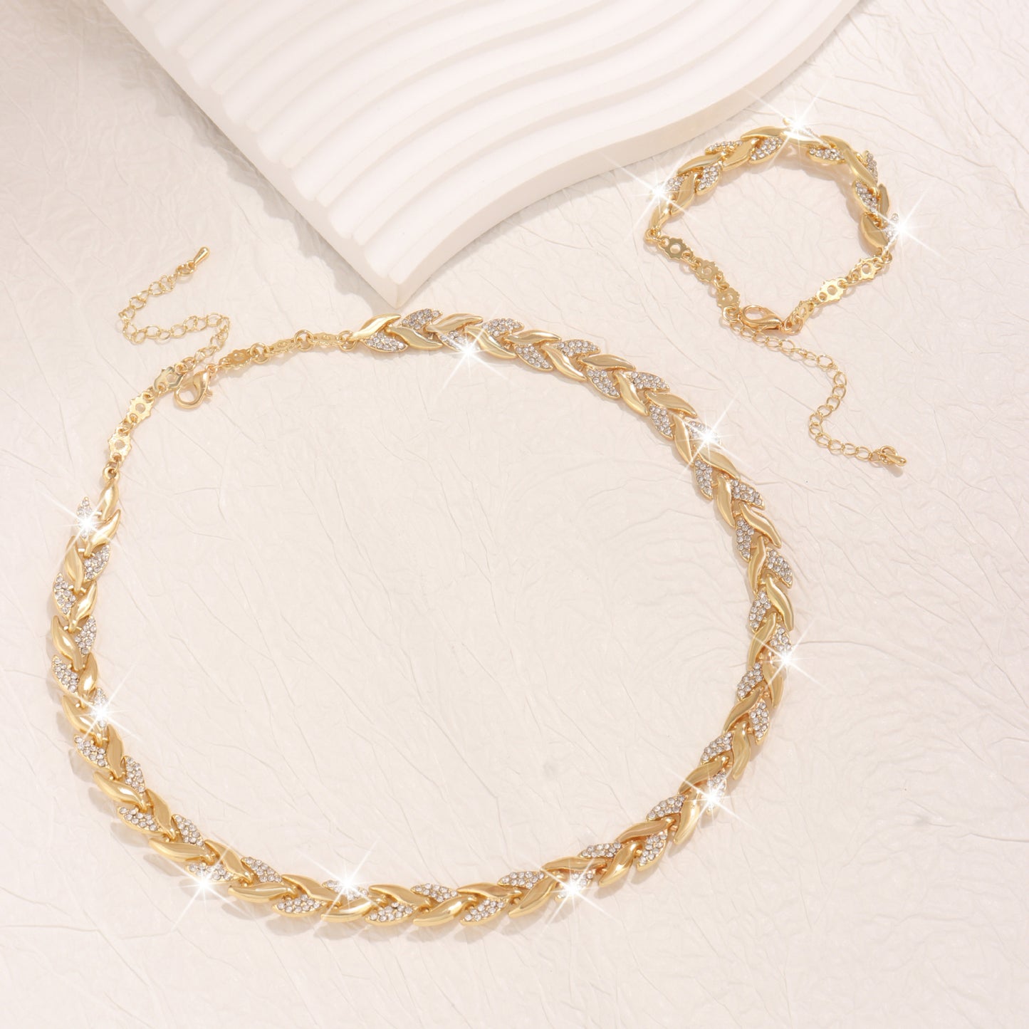 Conjunto de Colar e Pulseira Folha de Vidro 2 Peças Elegante com Strass para Mulheres Conjunto de Joias Luxuosas da Moda
