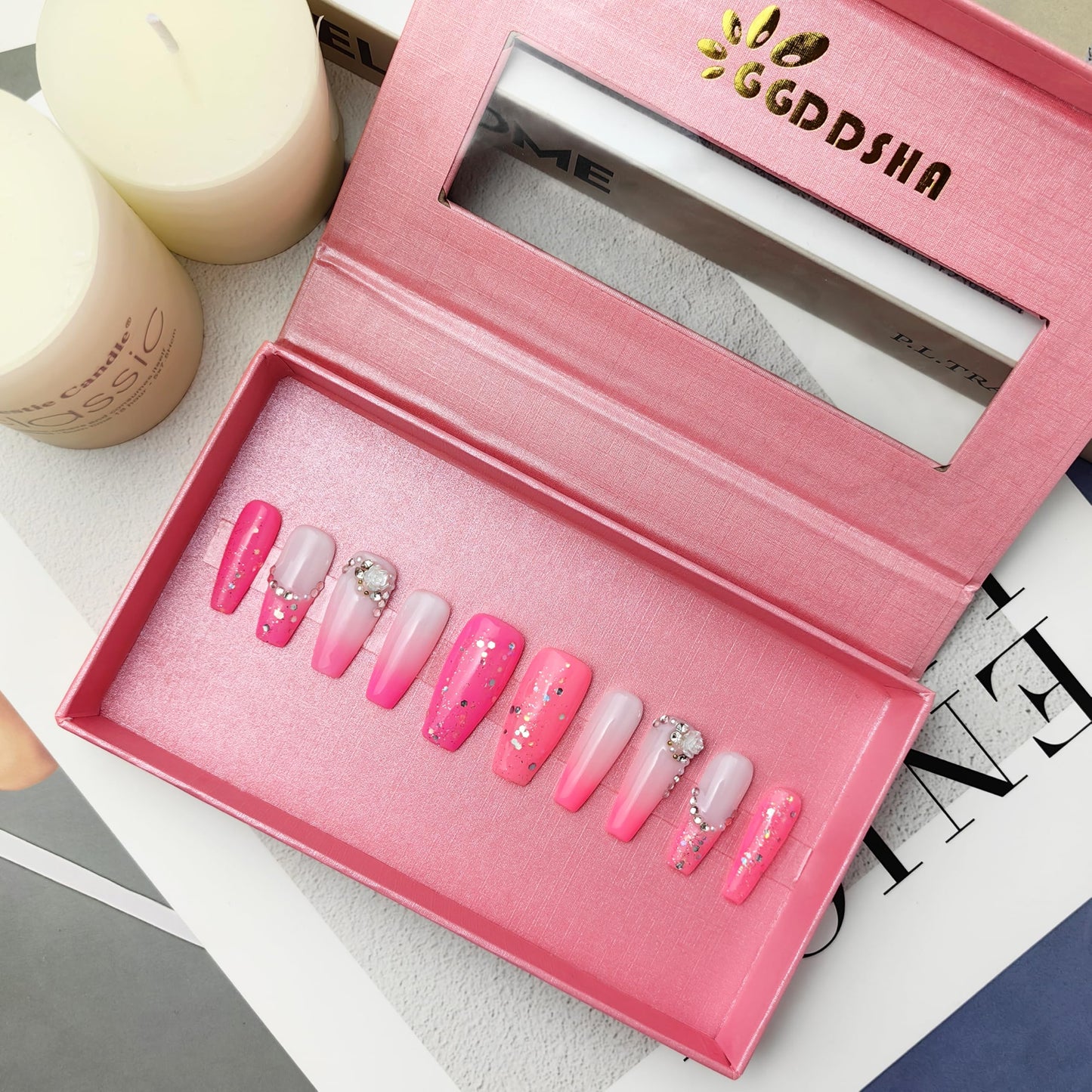 GGddsha Unhas Artesanais de Pmma Acrílico Unhas Postiças Reutilizáveis Curtas Kit Com Caixa Presentes Para Mulheres, Blush Elegance