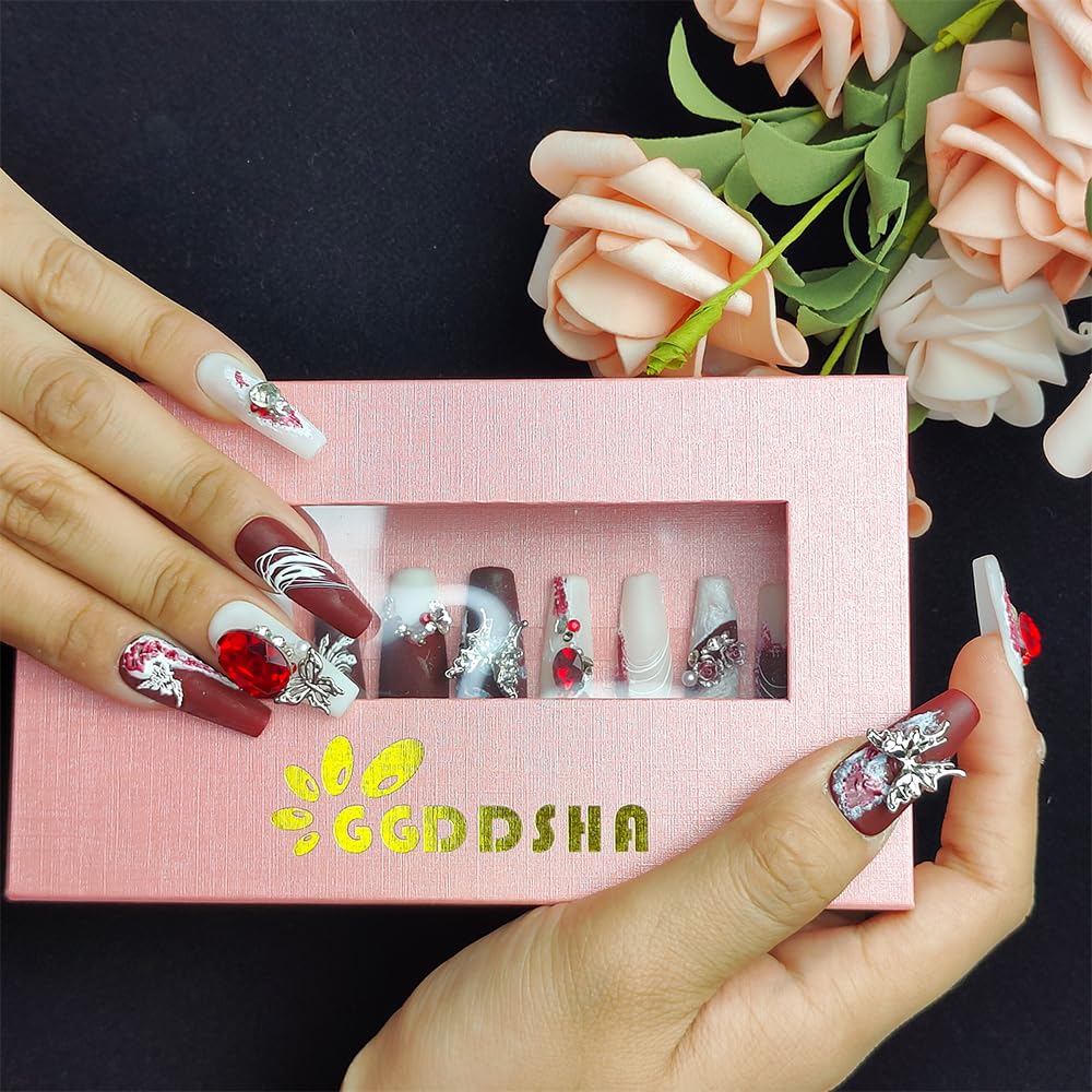 GGddsha Novas Unhas Postiças de Cristal Longas e Brilhantes Com Diamantes Reutilizáveis PMA Unhas Acrílicas Artesanais Completas de Luxo 3D Unhas Falsas de Cristal com Caixa de Presente Para Mulheres, Camurça Escarlate