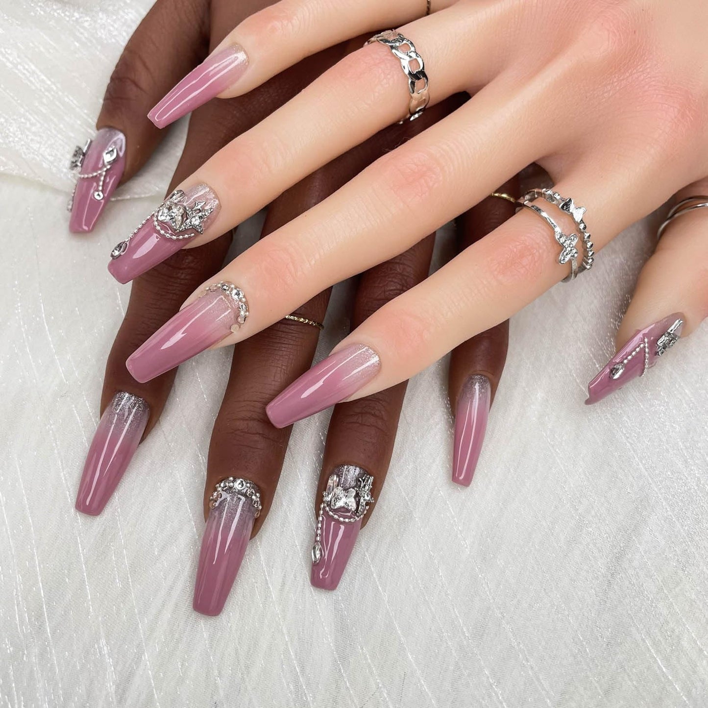 GGDDSHA Unhas Postiças Artesanais, Unhas Postiças de Luxo e Personalizadas 3D Artesanais Reutilizáveis com Acabamento UV, Unhas Pintadas à Mão, Brilho Lavanda
