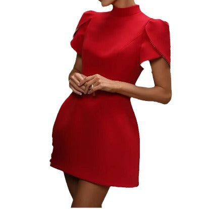 Vestido Vermelho Meia Gola Alta Manga Curta Ajustado Cintura Alta com Laço na Saia