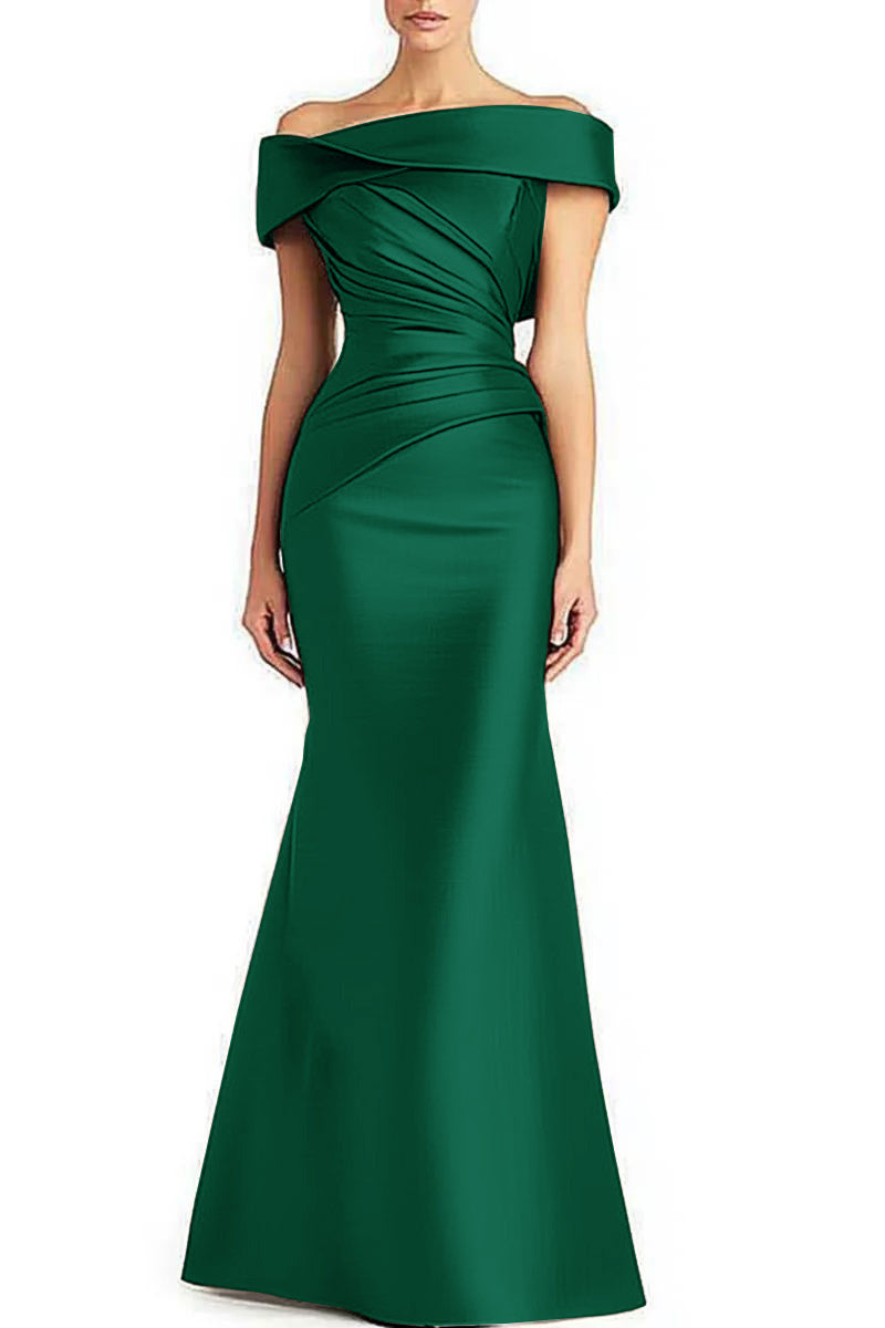 Vestido de Noite Formal Plissado Ombro a Ombro Elegante Maxi Vestido de Mãe da Noiva