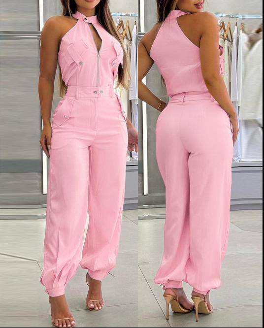 Conjunto de Duas Peças de Top Halter e Calça Casual