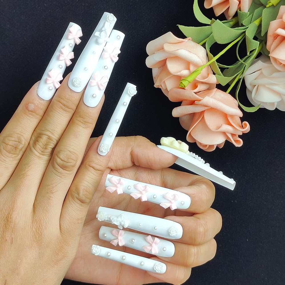GGddsha Unhas Brancas Longas Com Design De Laço De Urso Rosa Fofo, Unhas Reutilizáveis De Acrílico PMMA Feitas À Mão, Unhas Falsas 3D Completas De Luxo Com Pérolas, Com Caixa, Presente Para Mulheres, Blanc Cherie