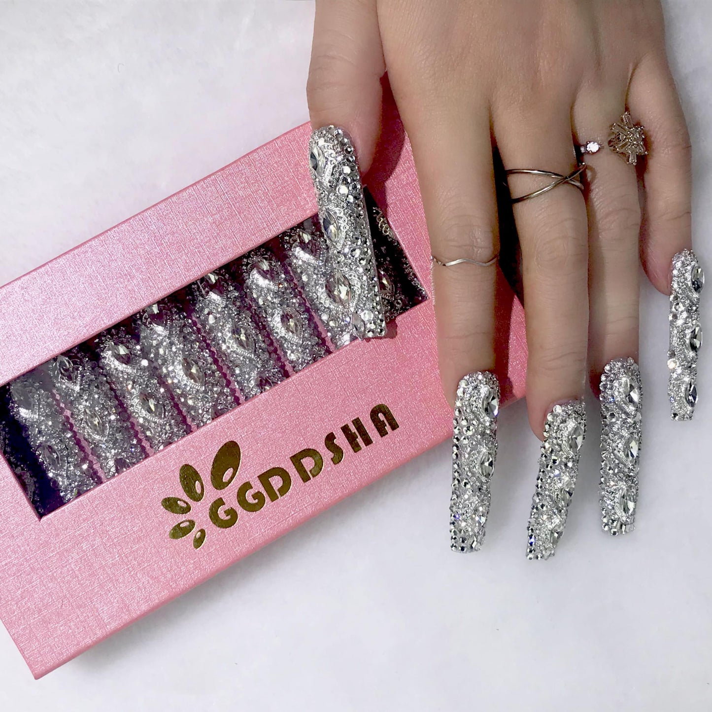 GGddsha Rainha do Estilo Elegante Unhas Longas com Strass Completos Unhas Falsas de Acrílico PMMA Artesanais Luxuosas 3D com Caixa, Presente para Mulheres, Divindade de Luxo