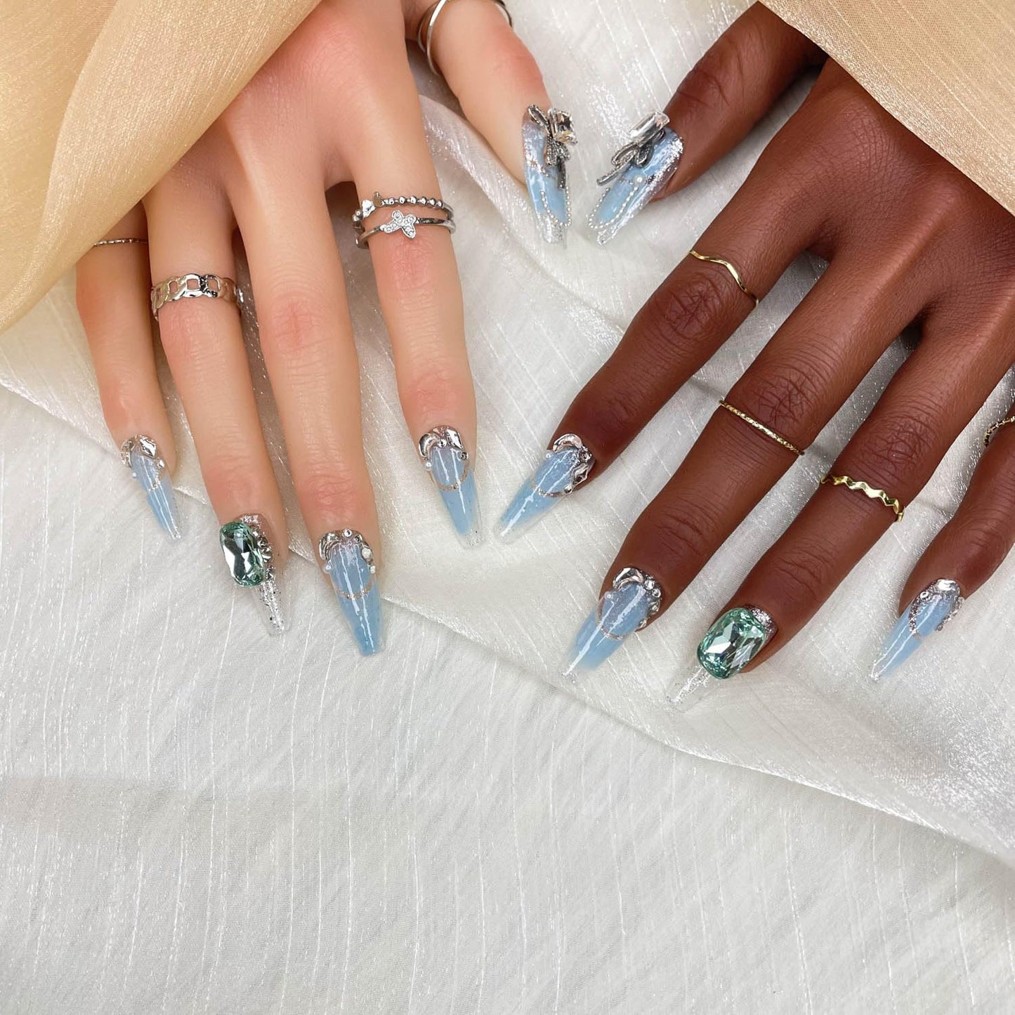 GGDDSHA Unhas Postiças Artesanais, Unhas Postiças de Luxo e Personalizadas 3D Artesanais Reutilizáveis com Acabamento UV, Unhas Pintadas à Mão, Nebulosa Brilhante