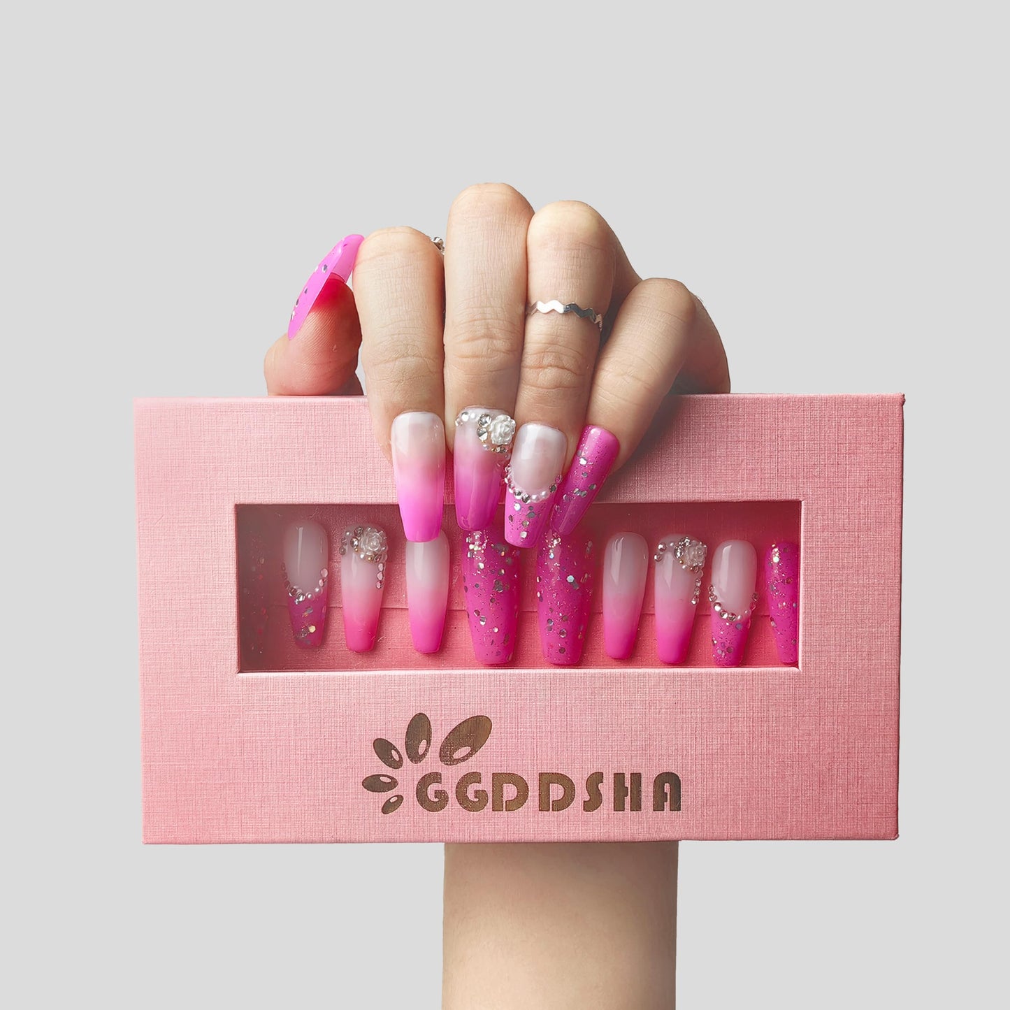 GGddsha Unhas Artesanais de Pmma Acrílico Unhas Postiças Reutilizáveis Curtas Kit Com Caixa Presentes Para Mulheres, Blush Elegance