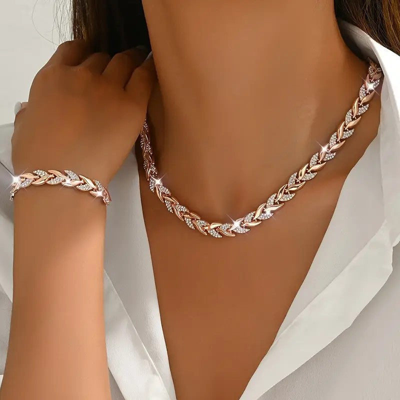 Conjunto de Colar e Pulseira Folha de Vidro 2 Peças Elegante com Strass para Mulheres Conjunto de Joias Luxuosas da Moda