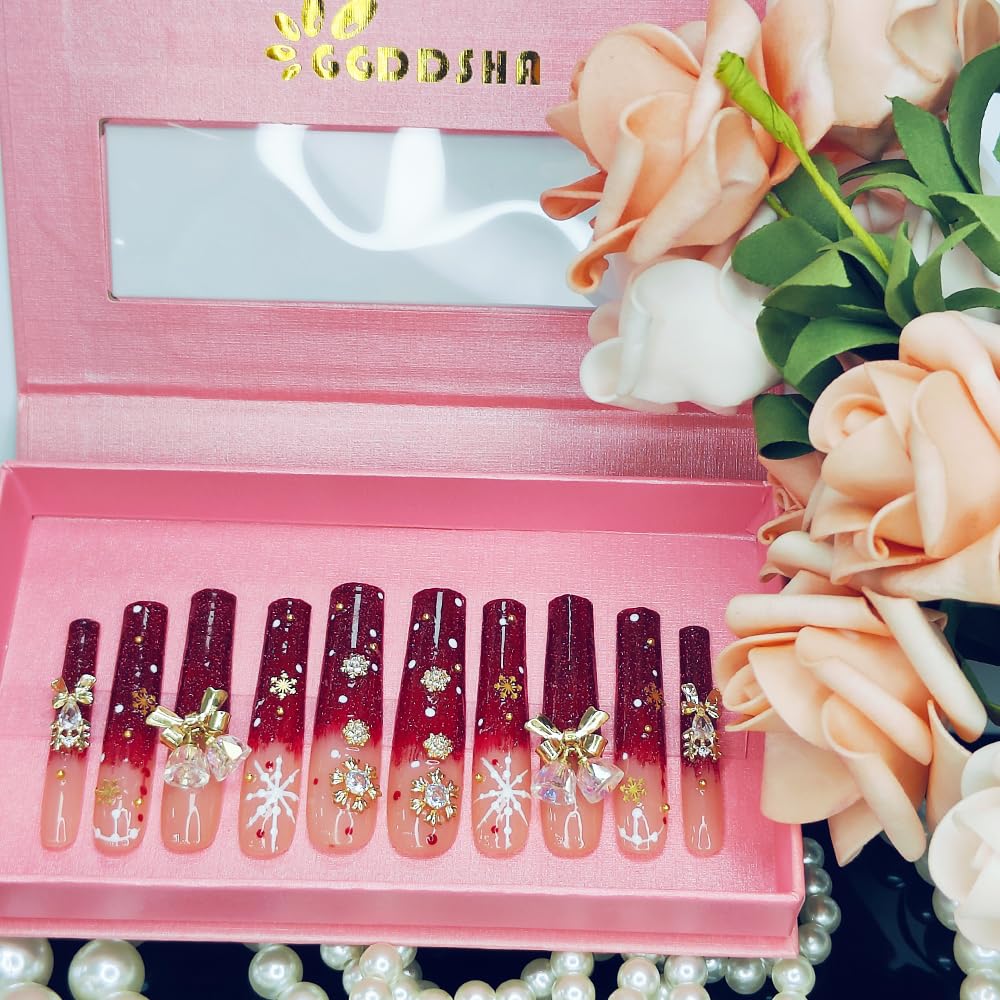 GGddsha Longa Feito à Mão PMMA Unhas Acrílicas Vermelhas Com Floco de Neve Strass Sino Design Reutilizável Cobertura Total Unha Postiça Kit Unha Postiça Feminina, Lumiere Neige