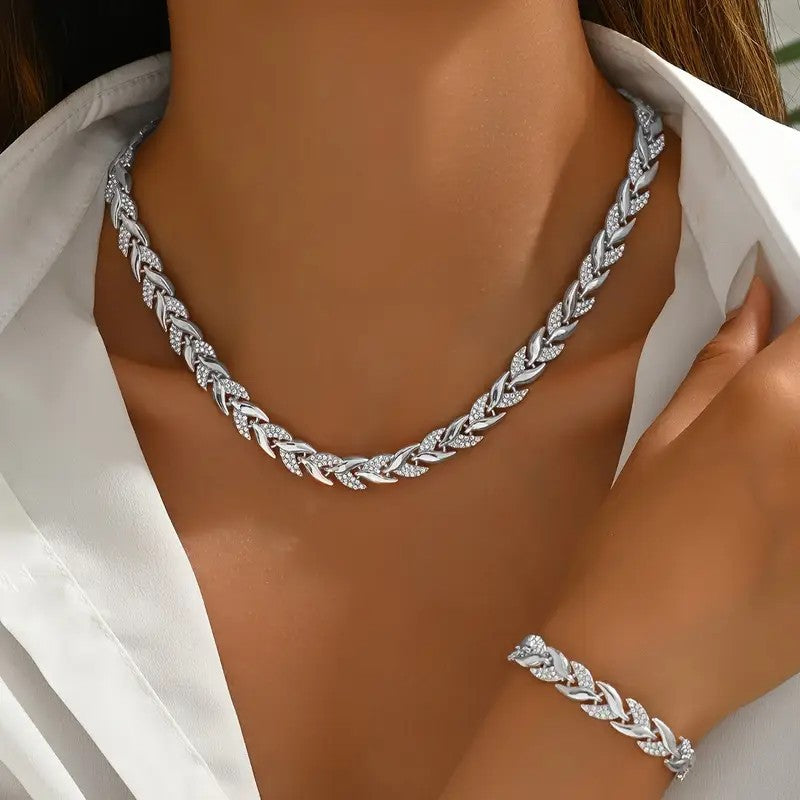 Conjunto de Colar e Pulseira Folha de Vidro 2 Peças Elegante com Strass para Mulheres Conjunto de Joias Luxuosas da Moda