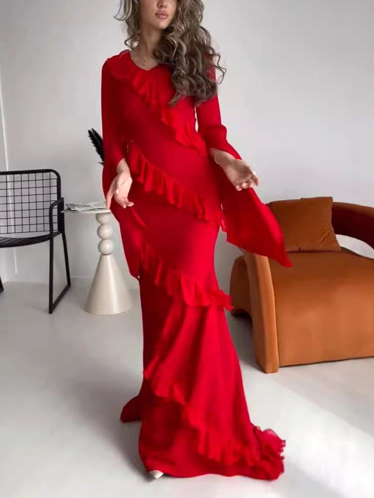 Vestido Maxi Ruffled com Manga Sino e Gola V