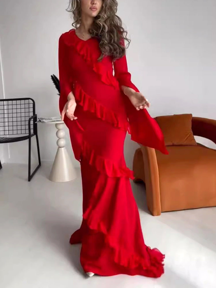 Vestido Maxi Ruffled com Manga Sino e Gola V