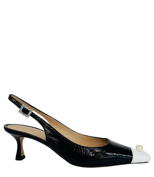 Scarpin Preto/Branco Slingback Salto Gatinho com Pérola
