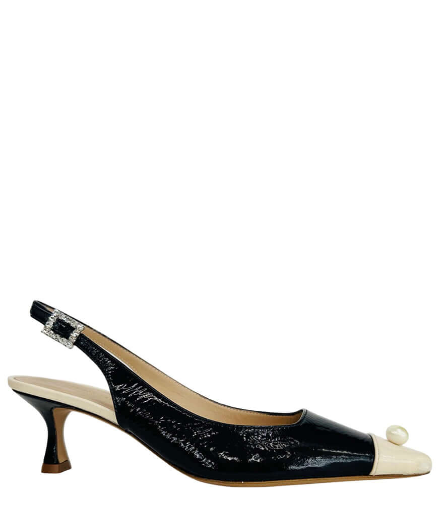 Scarpin Salto Gatinho com Detalhe em Pérolas Marinho/Off-white