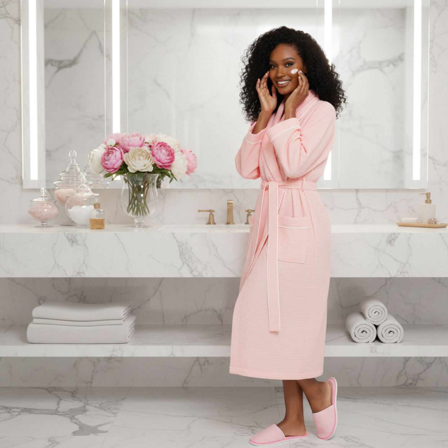 Roupão Feminino de Waffle com Acabamento Contrastante – Leve e Confortável, Estilo Spa